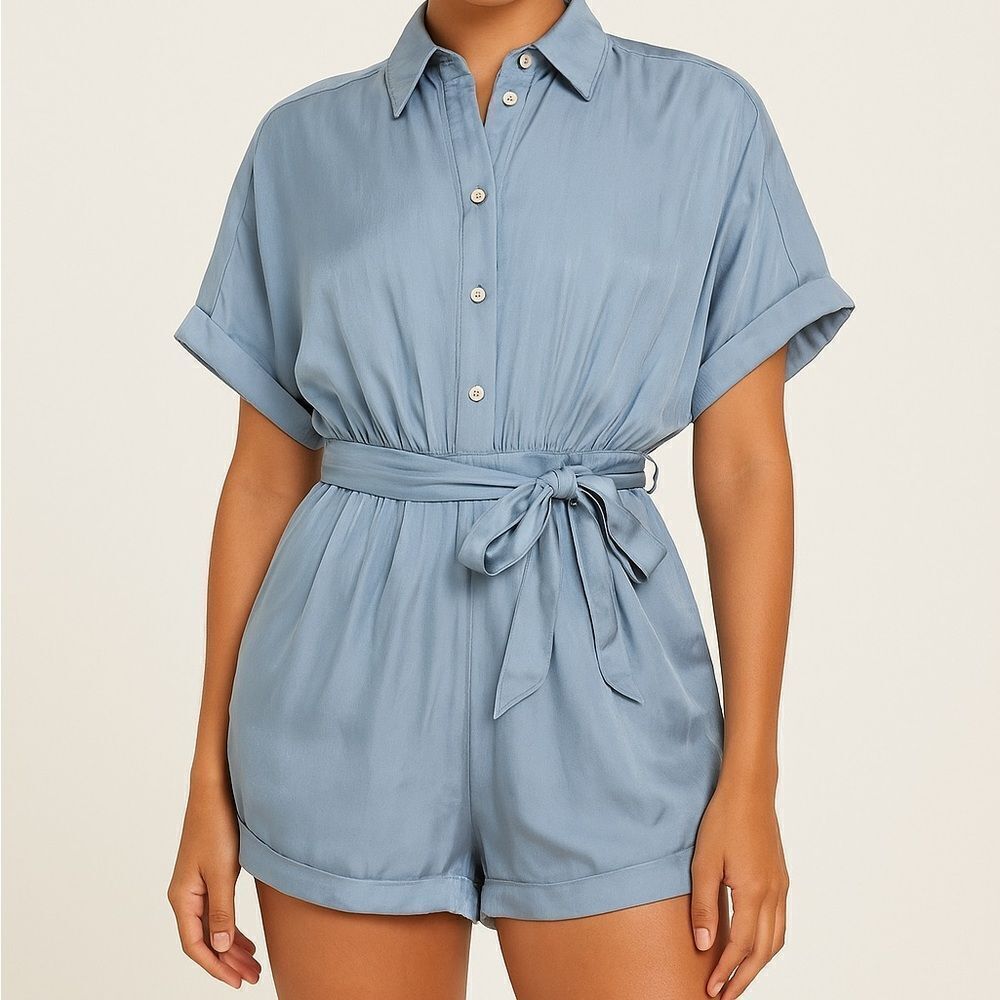 Glam Satin Silky Blue Button-Up Romper with Belt